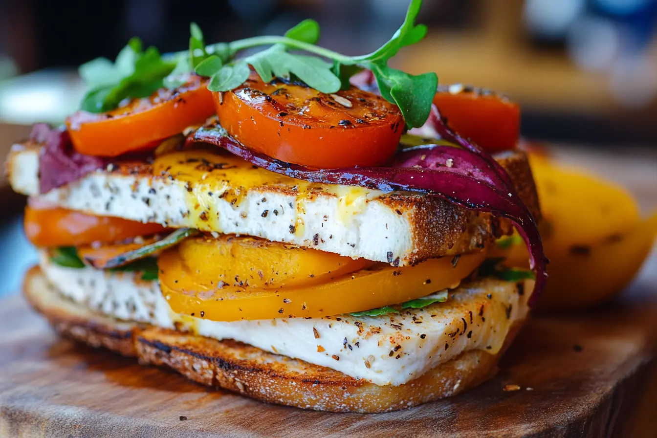 Stacked gluten-free sandwich with fresh vegetables