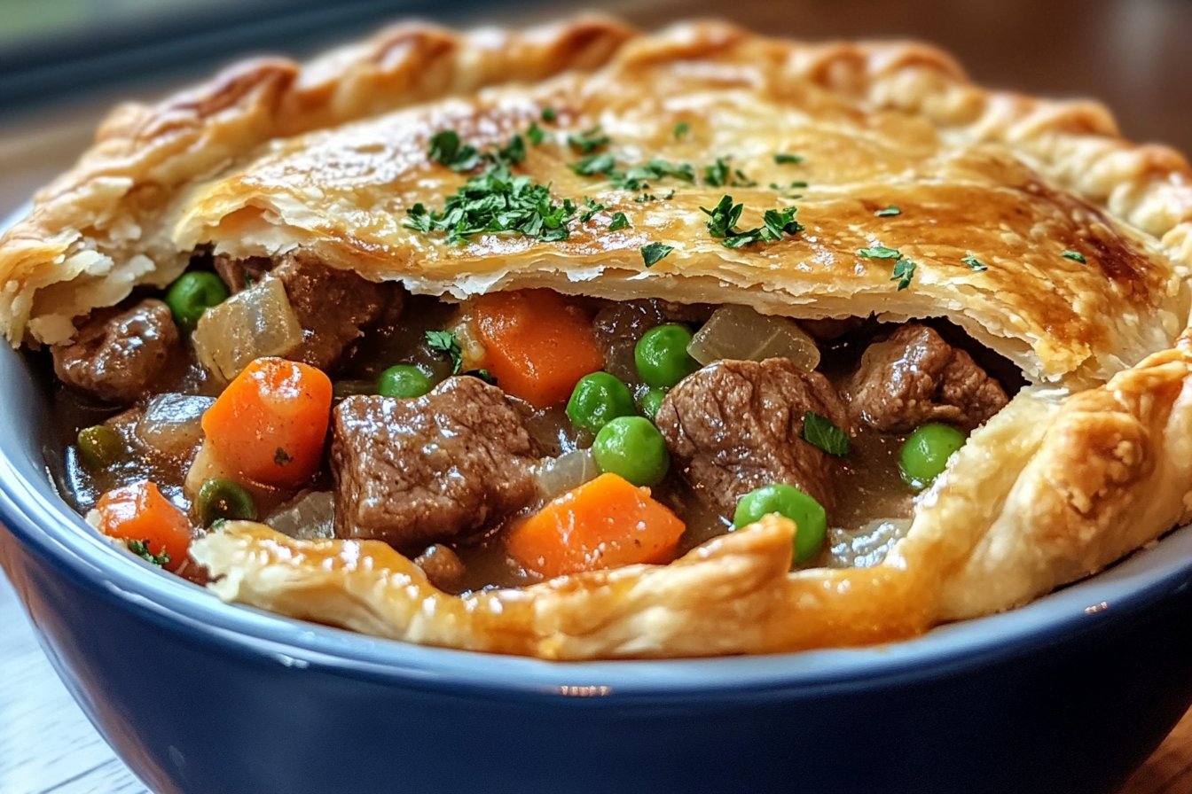 Ingredients for a classic beef pot pie recipe including beef, vegetables, and pie crust