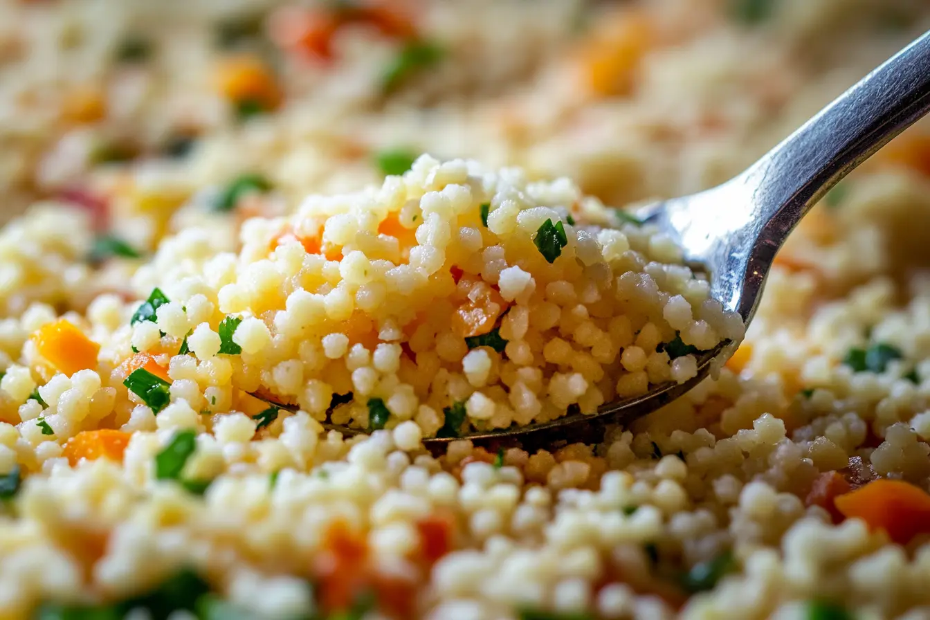 Spoonful of couscous mixed with vegetables, highlighting a gluten-free dish