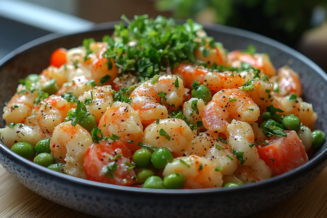 shrimp, peas, tomatoes, and a light sauce. The dish is often served chilled as a salad or appetizer.