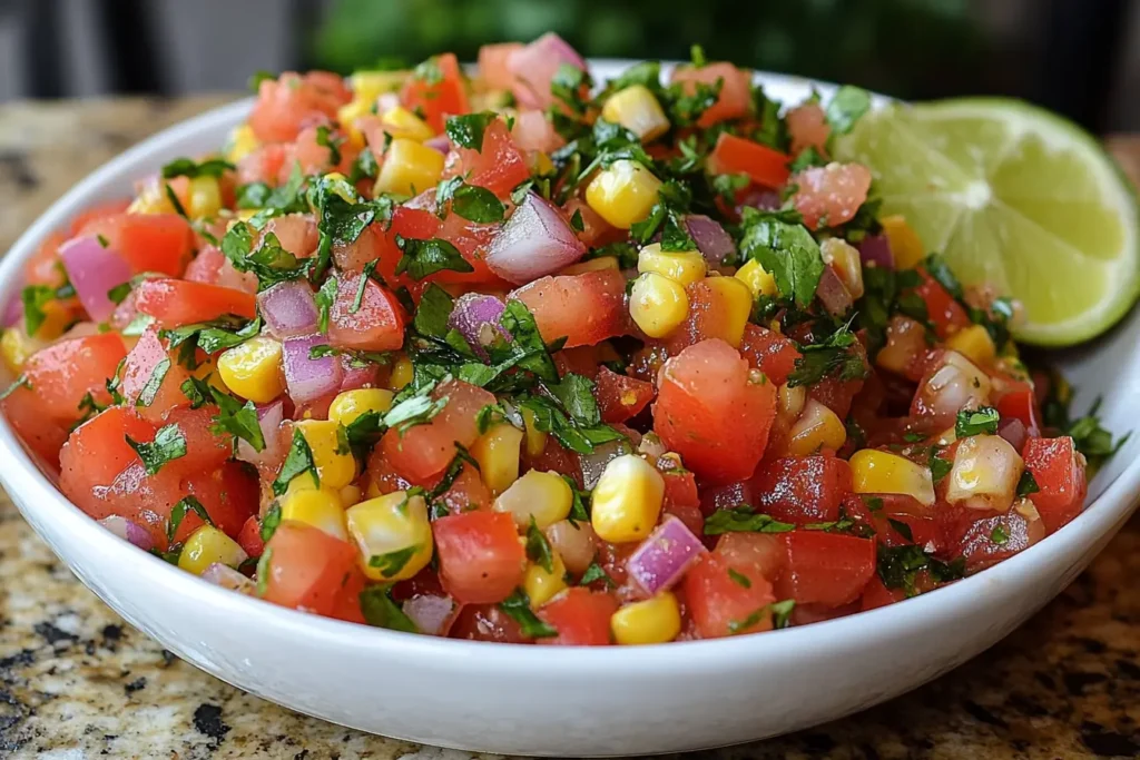 Close-up of chipotle corn salsa with lime and fresh ingredients